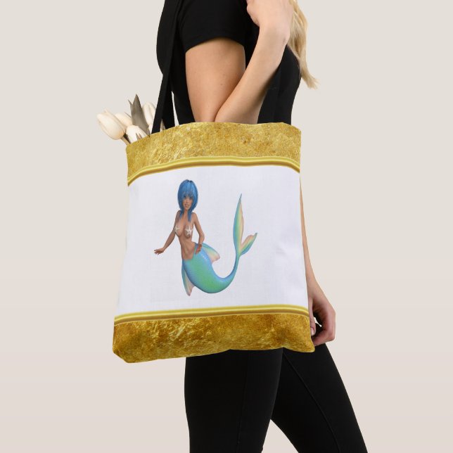 Mermaid with turquoise hair and tail tote bag (Close Up)