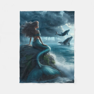 Mermaid with Whales I Fleece Blanket