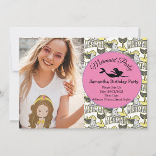 Mermaid Yellow Birthday Party Invitation