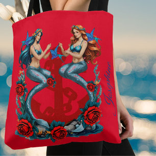 Mermaids Anchor Floral Red Blue Tote Bag