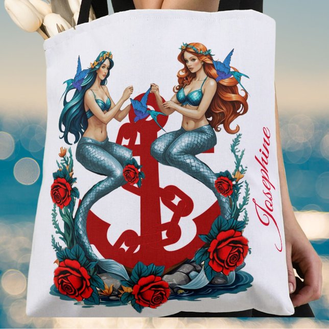 Mermaids Anchor Floral White Blue Red Roses Tote Bag (Creator Uploaded)