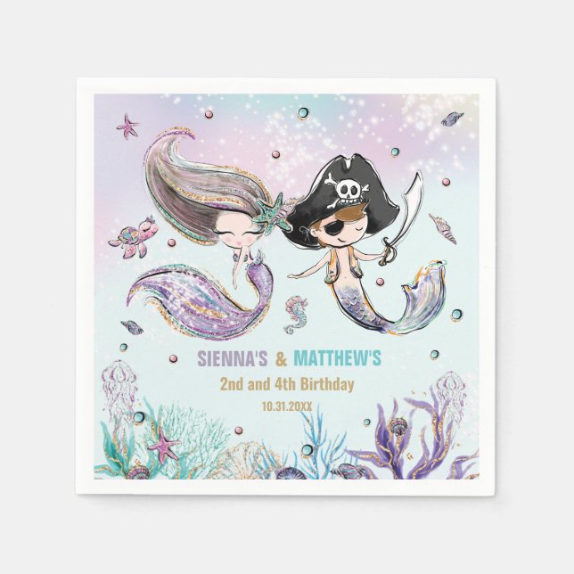 Mermaids and Pirates Under the Sea Joint Birthday Napkin (Front)