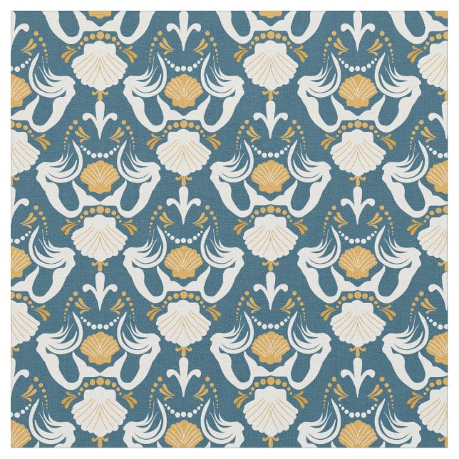 Mermaids and Seashells Damask Pattern Fabric (Close Up)