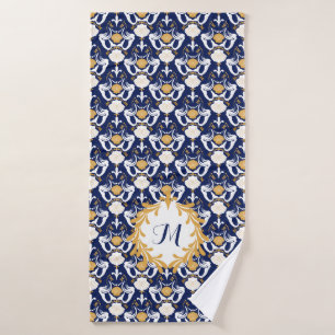 Mermaids and Seashells Damask Pattern Monogrammed Bath Towel