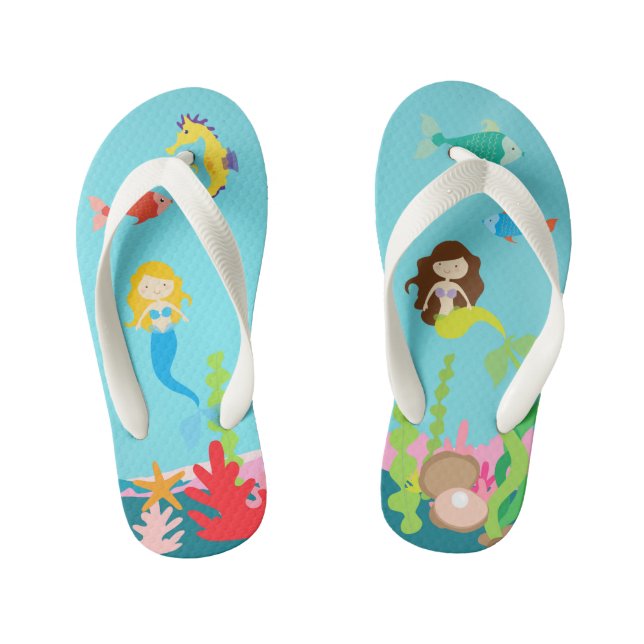Mermaids Blonde & Brunette Undersea Life Kid's Jandals (Footbed)