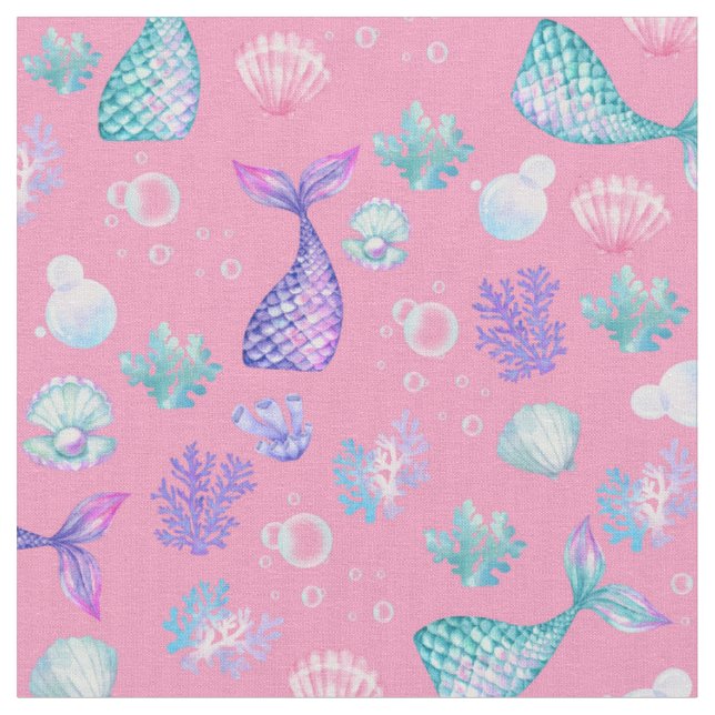 Mermaids Dream on Carnation Pink Fabric (Close Up)