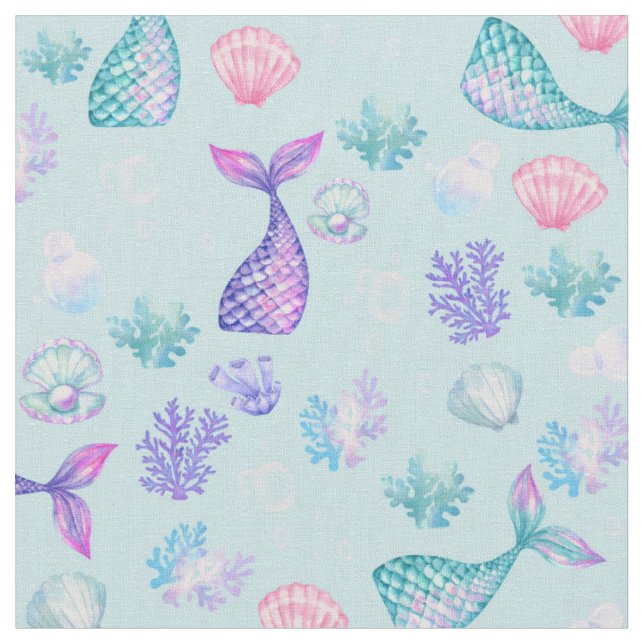 Mermaids Dream on Pastel Blue Fabric (Close Up)