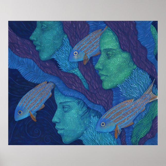 Mermaids & Fish, surreal fantasy art, underwater Poster (Front)