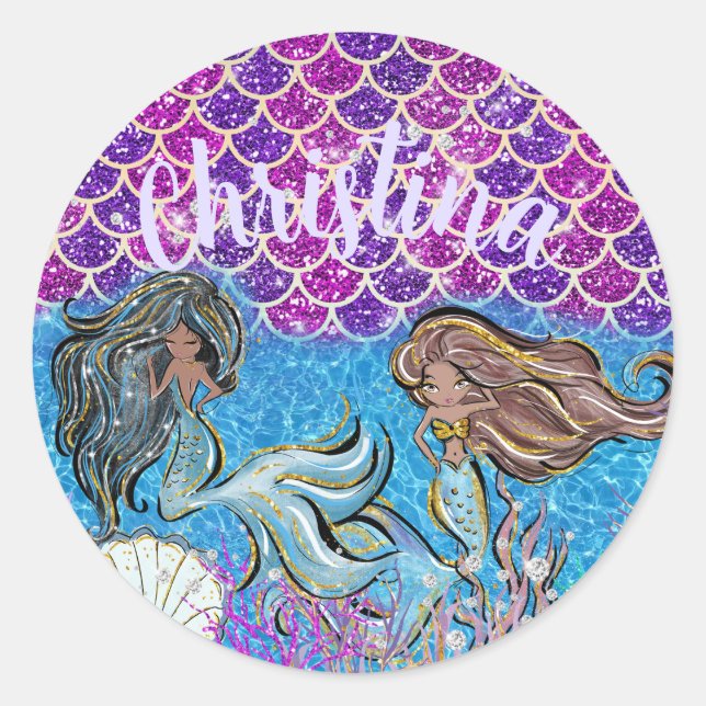 Mermaids Glitter Illustration with Tail Scales Classic Round Sticker (Front)