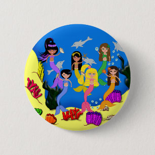 Mermaids in Ocean with Dolphins Button
