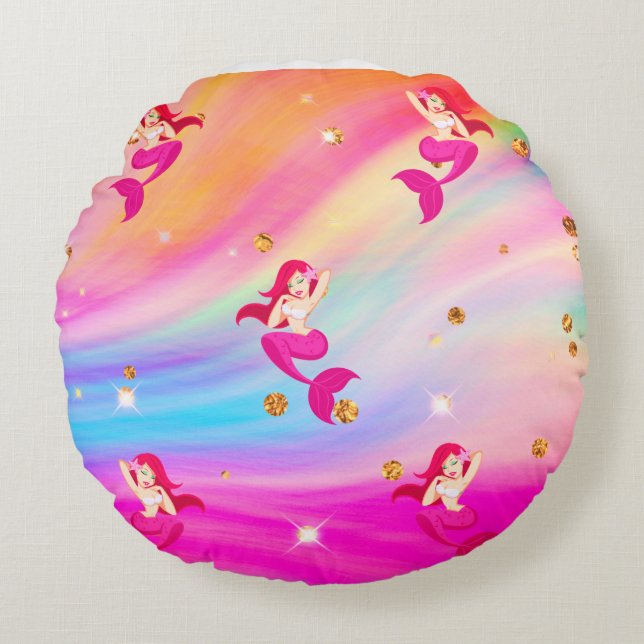 Mermaids in Rainbow Clouds Throw Pillow (Front)