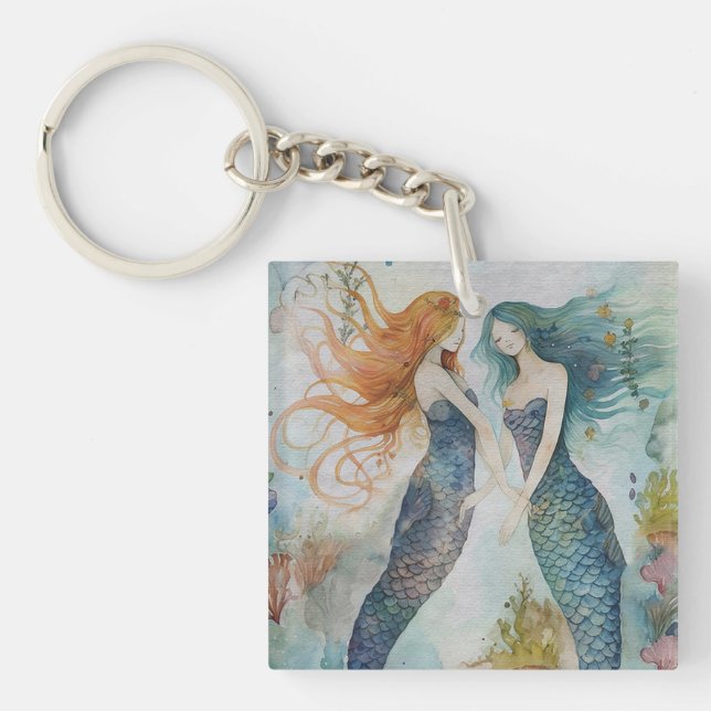 Mermaids in Watercolor Key Ring (Front)