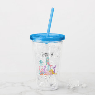 Mermaids & Jellyfish Under the Sea Watercolor Acrylic Tumbler