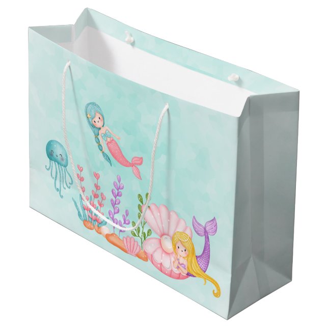 Mermaids & Jellyfish Under the Sea Watercolor Large Gift Bag (Front Angled)