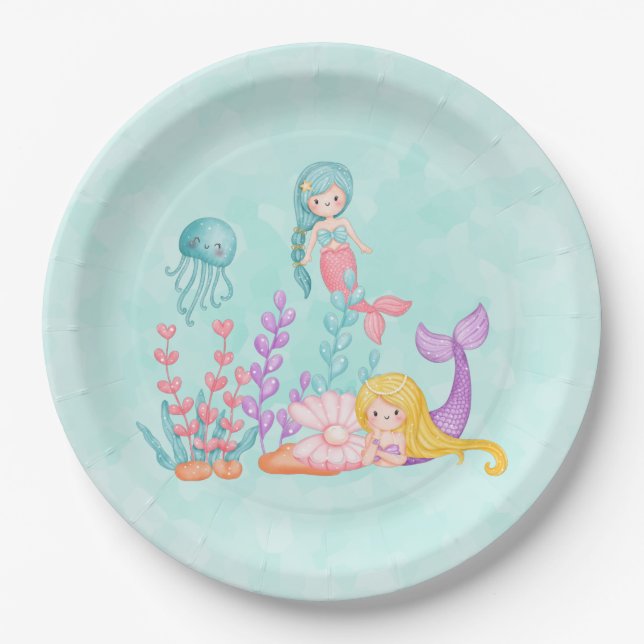 Mermaids & Jellyfish Under the Sea Watercolor Pape Paper Plate (Front)