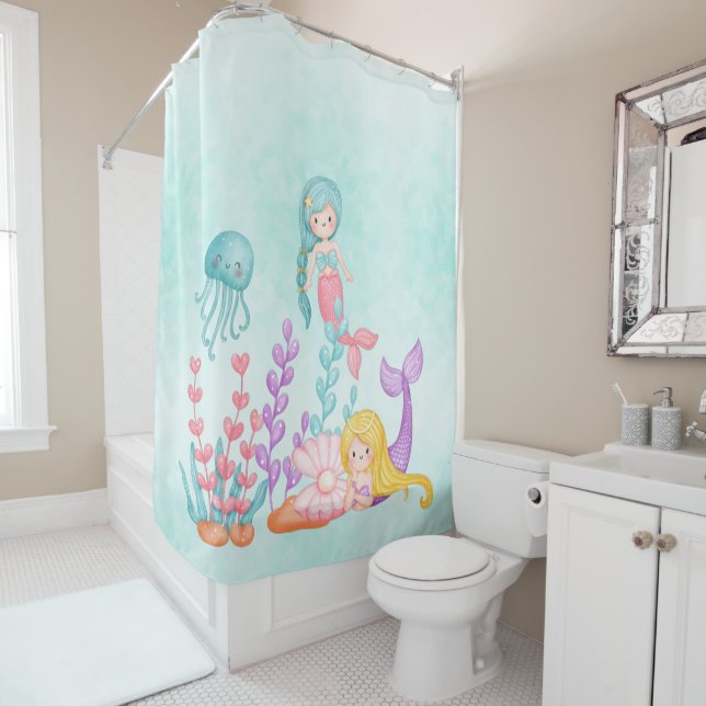 Mermaids & Jellyfish Under the Sea Watercolor Shower Curtain (In Situ)