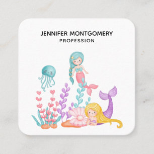 Mermaids & Jellyfish Under the Sea Watercolor Squa Square Business Card