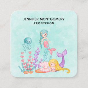 Mermaids & Jellyfish Under the Sea Watercolor Square Business Card