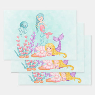  Mermaids & Jellyfish Under the Sea Watercolor Wrapping Paper Sheet