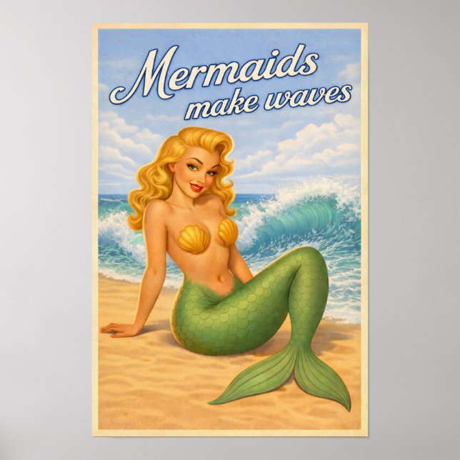 Mermaids Make Waves Retro Pin-Up Coastal Beach Art Poster (Front)