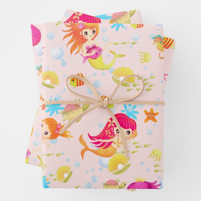 Mermaids Peach Pink Wrapping Paper Sheet (In situ)