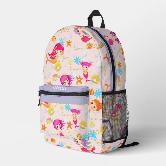 Mermaids Peach Printed Backpack (Back Corner Right)