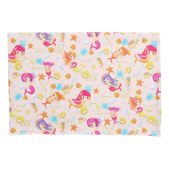 Mermaids Pink with Gingham Pillowcase (Front)