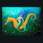 Mermaid's Ride- Magical Seahorse Poster<br><div class="desc">A carefree mermaid rides her wild seahorse in a magical sea of bright starfish in this surreal fantasy art painting.  Reproduced from the original mermaid art by Sue Halstenberg.  ***You can CHANGE SIZES,  PAPER ,  ADD A FRAME,  MATTING,  OR BUY AS A PLAIN PRINT***</div>