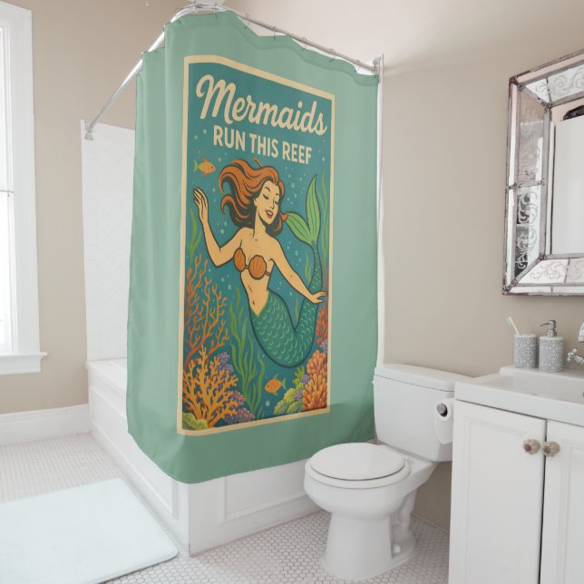 Mermaids Run This Reef | Retro Coral Fish Sea Life Shower Curtain (In Situ)