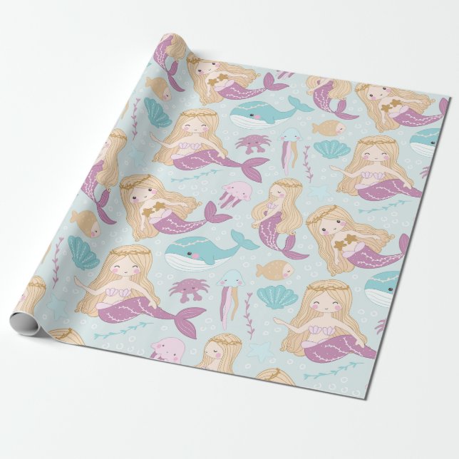 Mermaids Sea Baby Shower Girls Birthday Party Wrapping Paper (Unrolled)