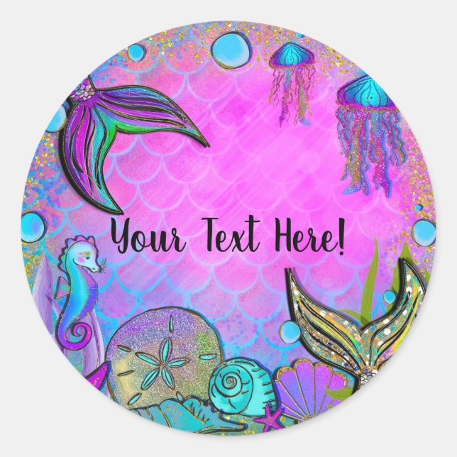 Mermaids & Sea Shells Pink Sparkly Party Classic Round Sticker (Front)