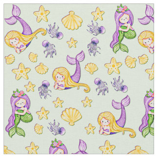 Mermaids & Shells Purple Green Yellow Fabric