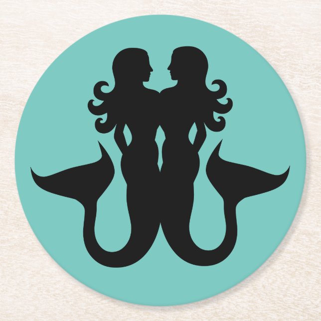 Mermaids silhouettes sailing boat ship porthole  r round paper coaster (Front)