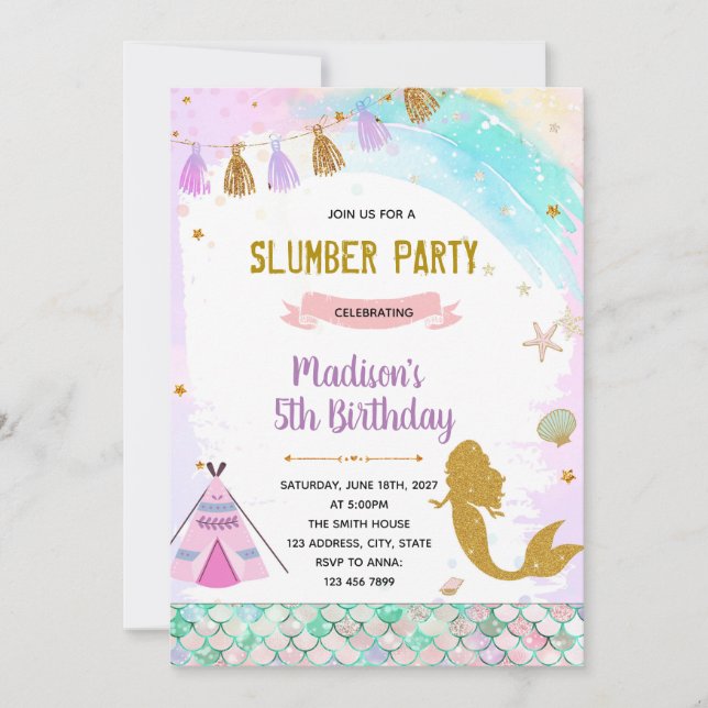 Mermaids sleepover birthday invitation (Front)