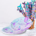 Mermaid's Tails Bright Mermaid Birthday Party Paper Plate<br><div class="desc">Mermaid Birthday Party plates with magical mermaid's tails and decorative typography. The template wording is fully edtable and currently reads "Happy Birthday [Name]". This bright vibrant design features mermaids tails and ocean bubbles in watercolor shades of purple pink green and turquoise blue. Easy to customise for any age and perfect...</div>