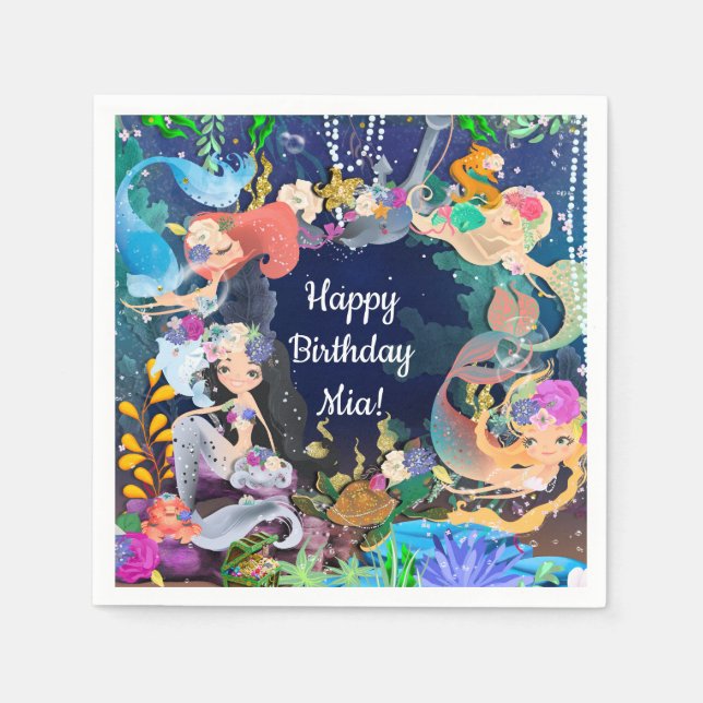 Mermaids Under the Sea Mermaid Bash Birthday Party Napkin (Front)