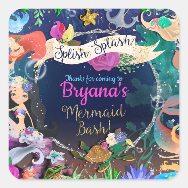 Mermaids Under the Sea Mermaid Bash Birthday Party Square Sticker (Front)