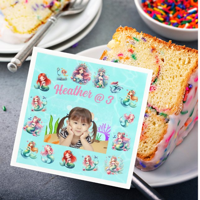 Mermaids Under the Sea Photo Kids Birthday Party Napkin (Creator Uploaded)