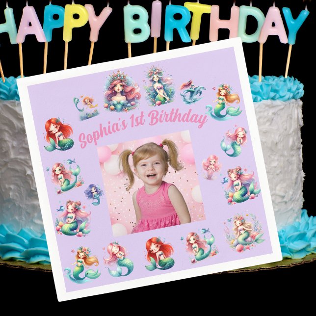 Mermaids Under the Sea Photo Kids Birthday Party Napkin (Creator Uploaded)