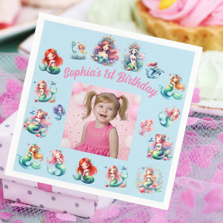 Mermaids Under the Sea Photo Kids Birthday Party Napkin