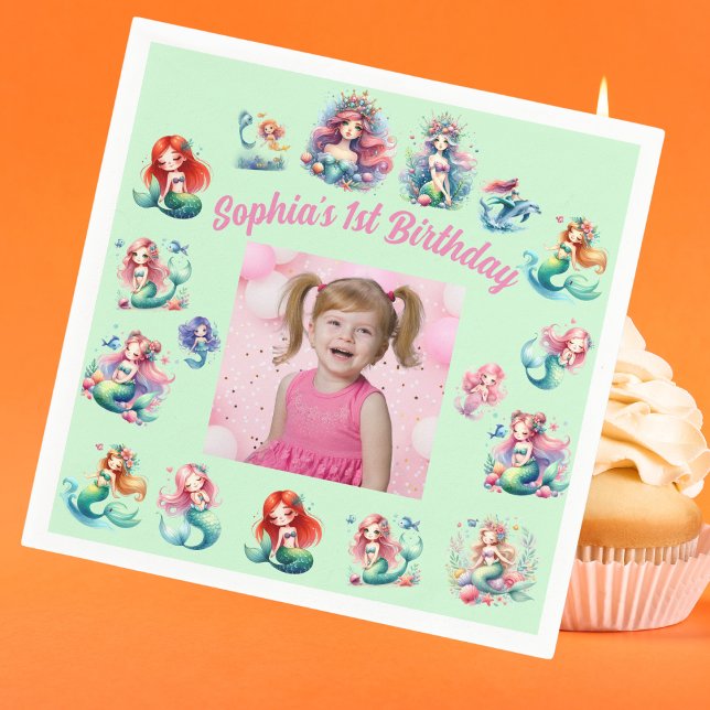 Mermaids Under the Sea Photo Kids Birthday Party Napkin (Creator Uploaded)