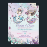 Mermaids Under the Sea Twins Sisters Birthday Invi Invitation<br><div class="desc">Whimsical mermaids twins / sisters birthday party invitation, featuring a blonde mermaid and a brunette mermaid, adorable under the sea creatures and colourful corals against rainbow deep ocean backdrop. Personalise it with your party details easily and quickly, simply press the customise it button to further re-arrange and format the style...</div>