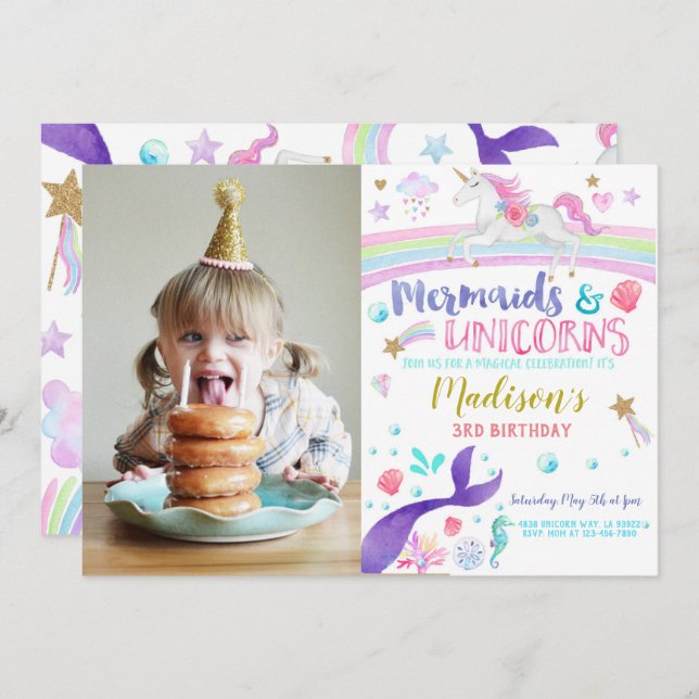 Mermaids Unicorns birthday party invitation (Front/Back)