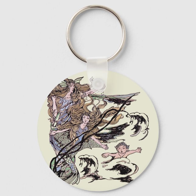 Mermaids Vintage Victorian Illustration Key Ring (Front)