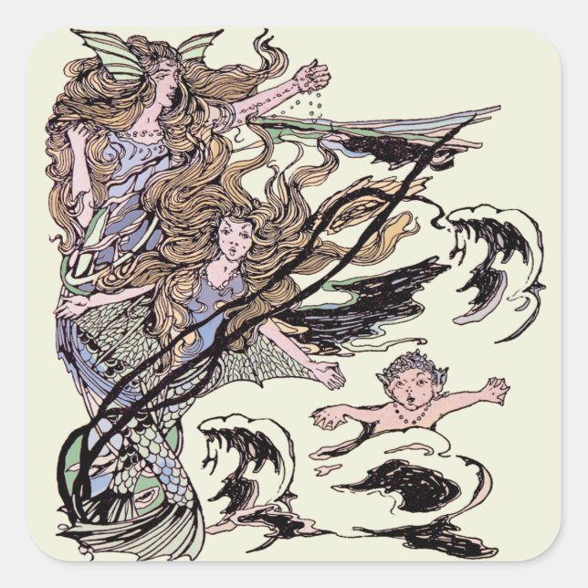 Mermaids Vintage Victorian Illustration Square Sticker (Front)