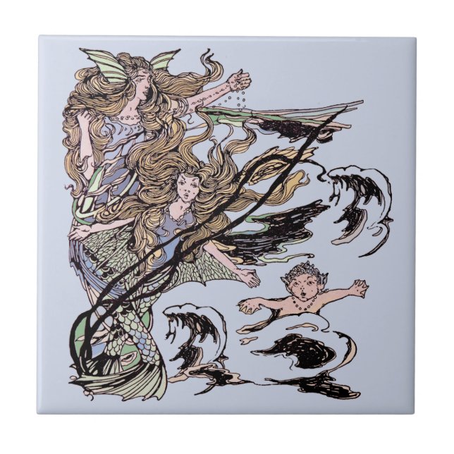 Mermaids Vintage Victorian Illustration Tile (Front)