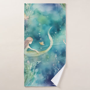 Mermaids watercolor art bath towel set