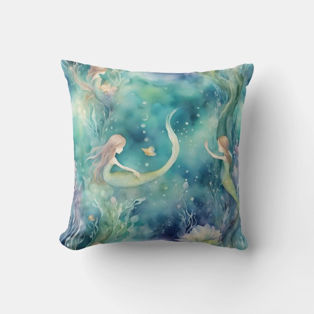 Mermaids watercolor art  cushion (Front)