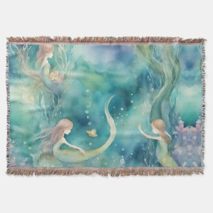 Mermaids watercolor art throw blanket