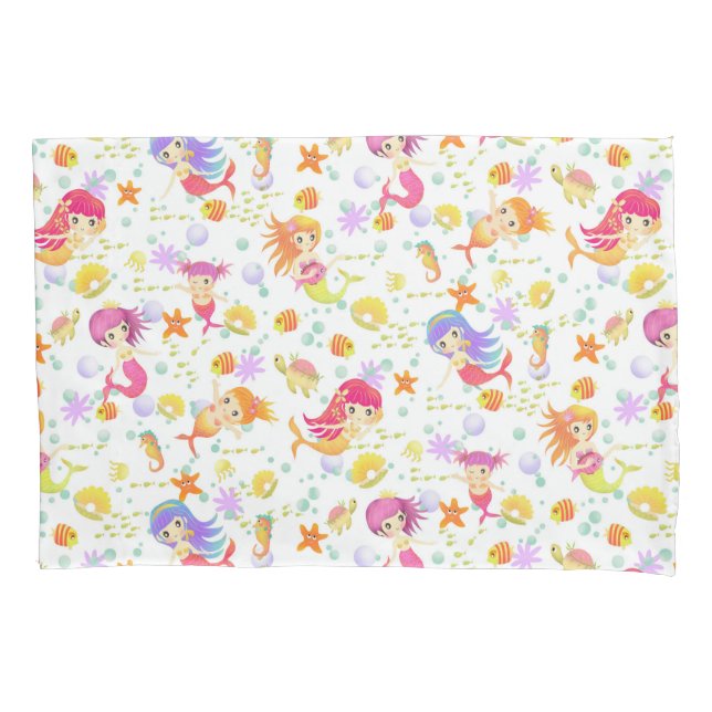 Mermaids White with Gingham Pillowcase (Front)
